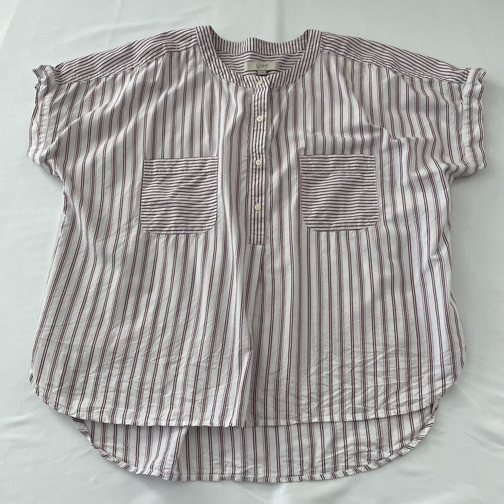 LOFT Womens XL Burgundy White Striped Popover Blouse Short Sleeve Cotton Modal